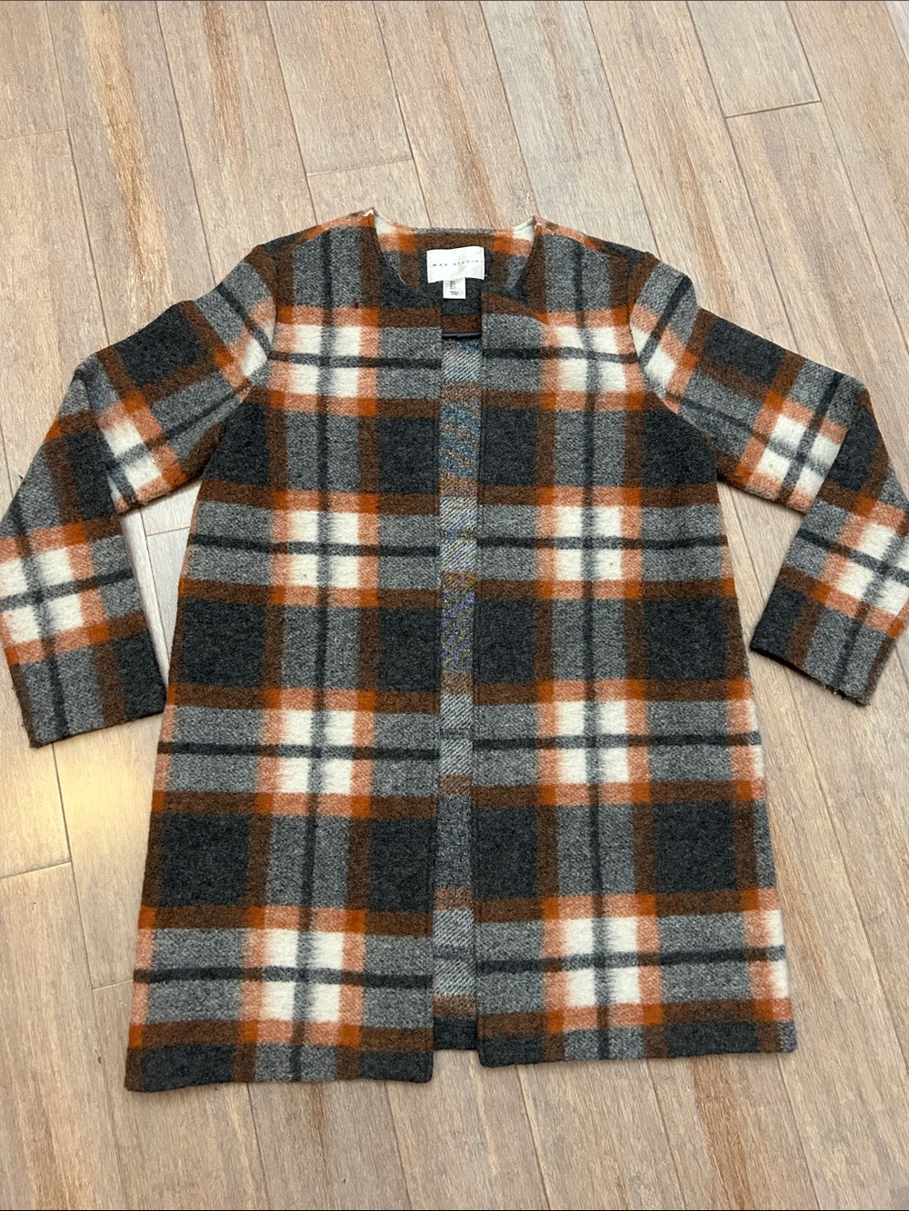 Max Studio Gray, Orange & White Plaid Open-Front Pea Coat wool blend sz L
